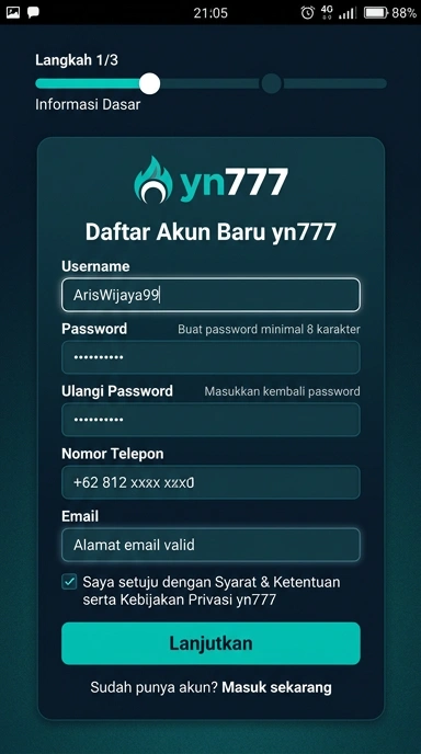 Tampilan halaman daftar yn777